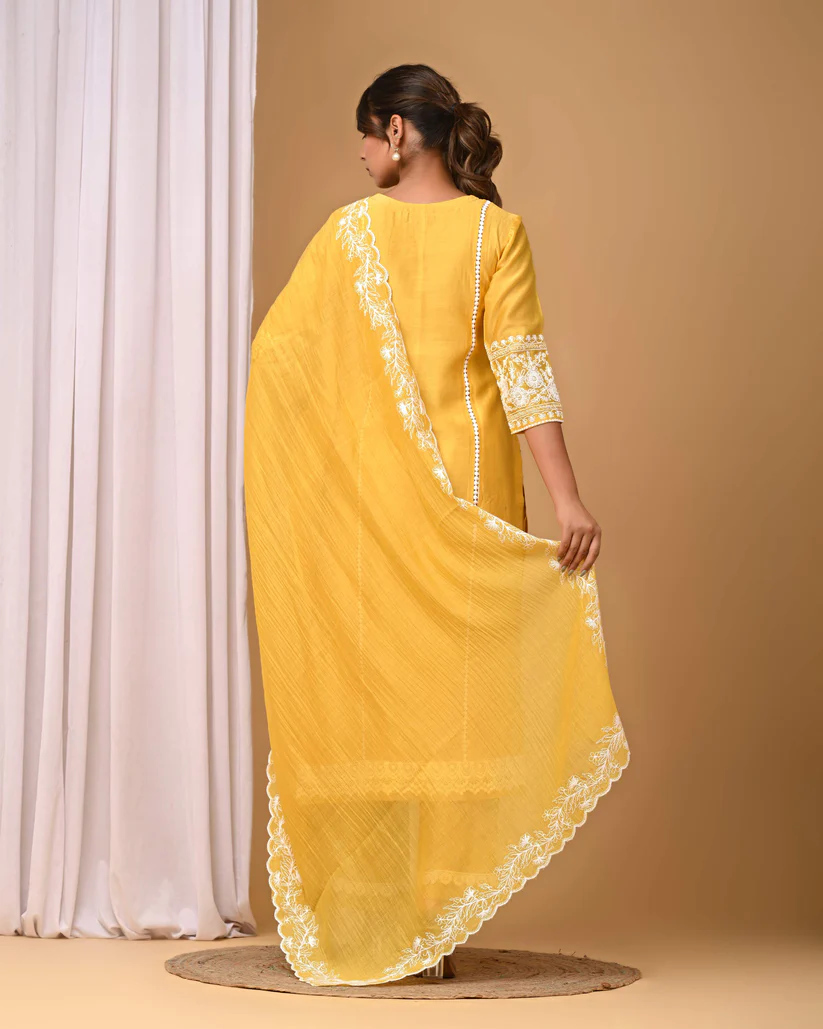 Gulabik Yellow Suit Set with Embroidered Sleeves and Dupatta