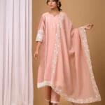 Gulabik Dusty Peach Suit Set with Embroidered Sleeves and Dupatta