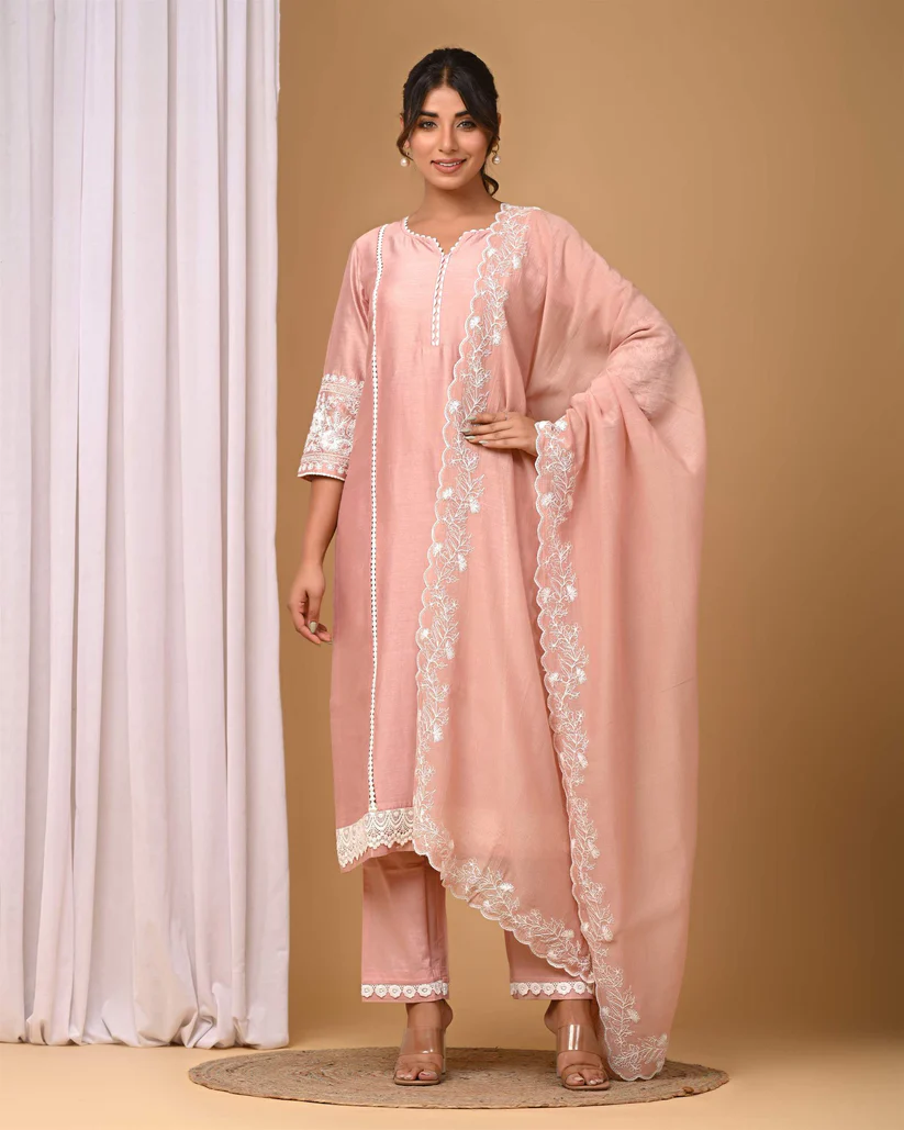 Gulabik Dusty Peach Suit Set with Embroidered Sleeves and Dupatta
