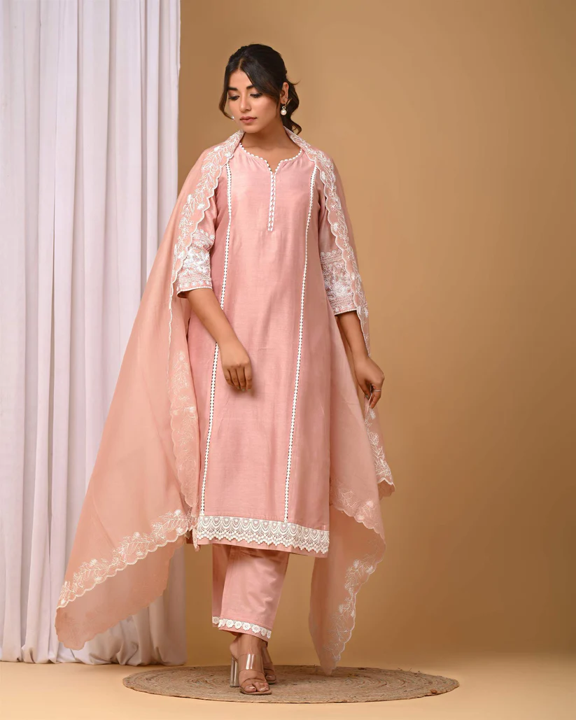 Gulabik Dusty Peach Suit Set with Embroidered Sleeves and Dupatta