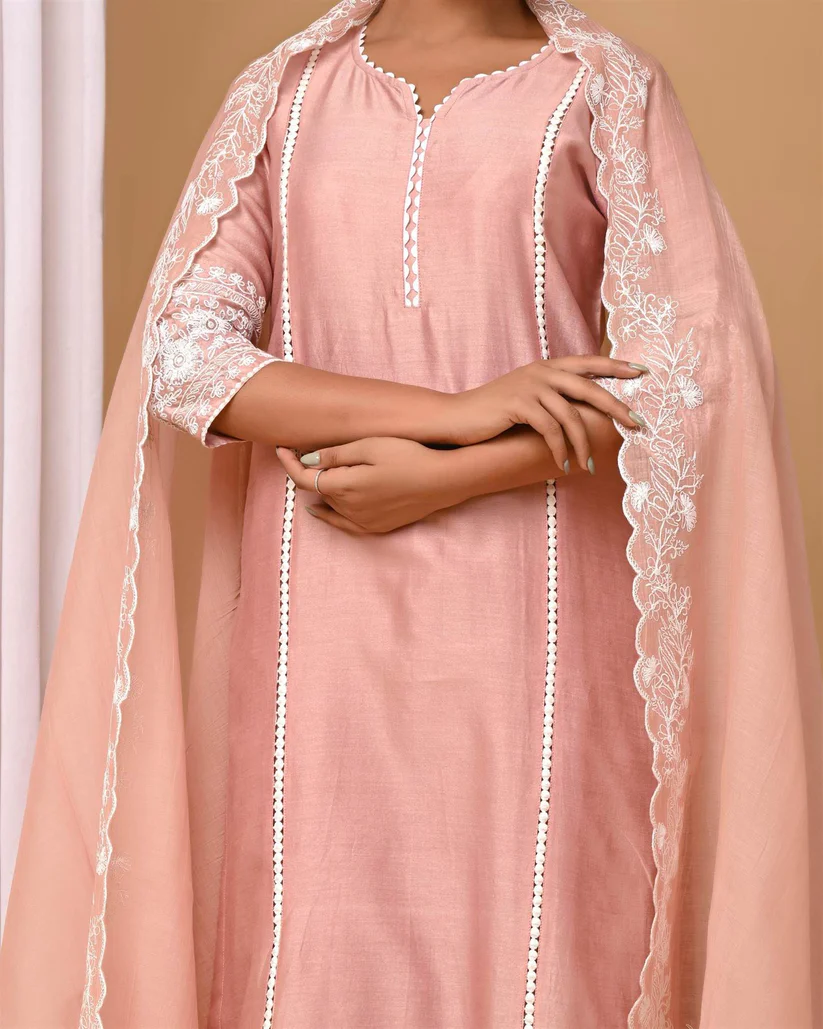 Gulabik Dusty Peach Suit Set with Embroidered Sleeves and Dupatta