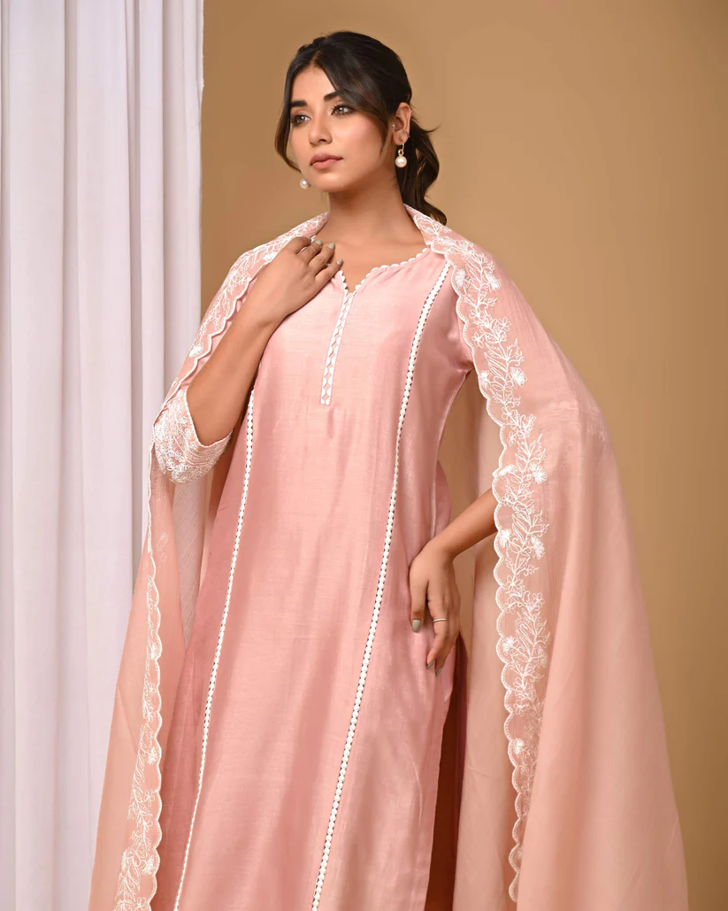 Gulabik Dusty Peach Suit Set with Embroidered Sleeves and Dupatta