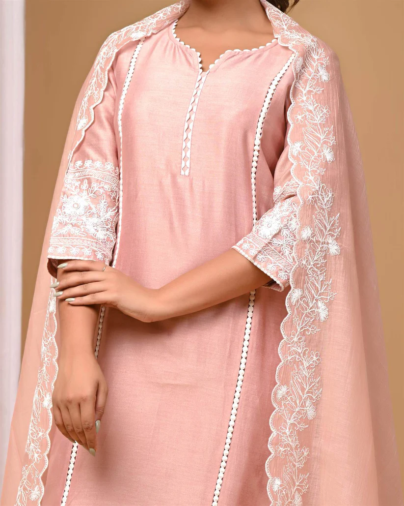 Gulabik Dusty Peach Suit Set with Embroidered Sleeves and Dupatta