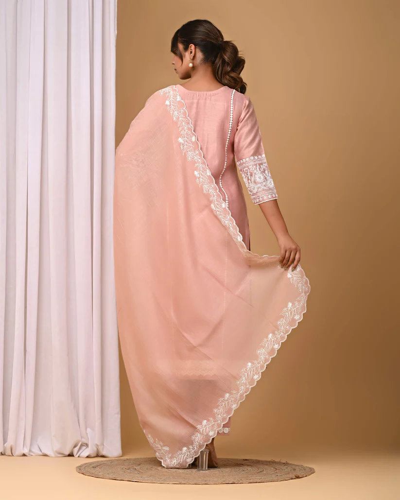 Gulabik Dusty Peach Suit Set with Embroidered Sleeves and Dupatta