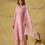 Gulabik Dusty Peach Embroidered Suit Set with Striped Dupatta