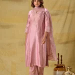 Gulabik Dusty Peach Embroidered Suit Set with Striped Dupatta