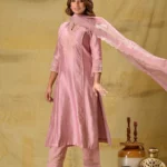 Gulabik Dusty Peach Embroidered Suit Set with Striped Dupatta