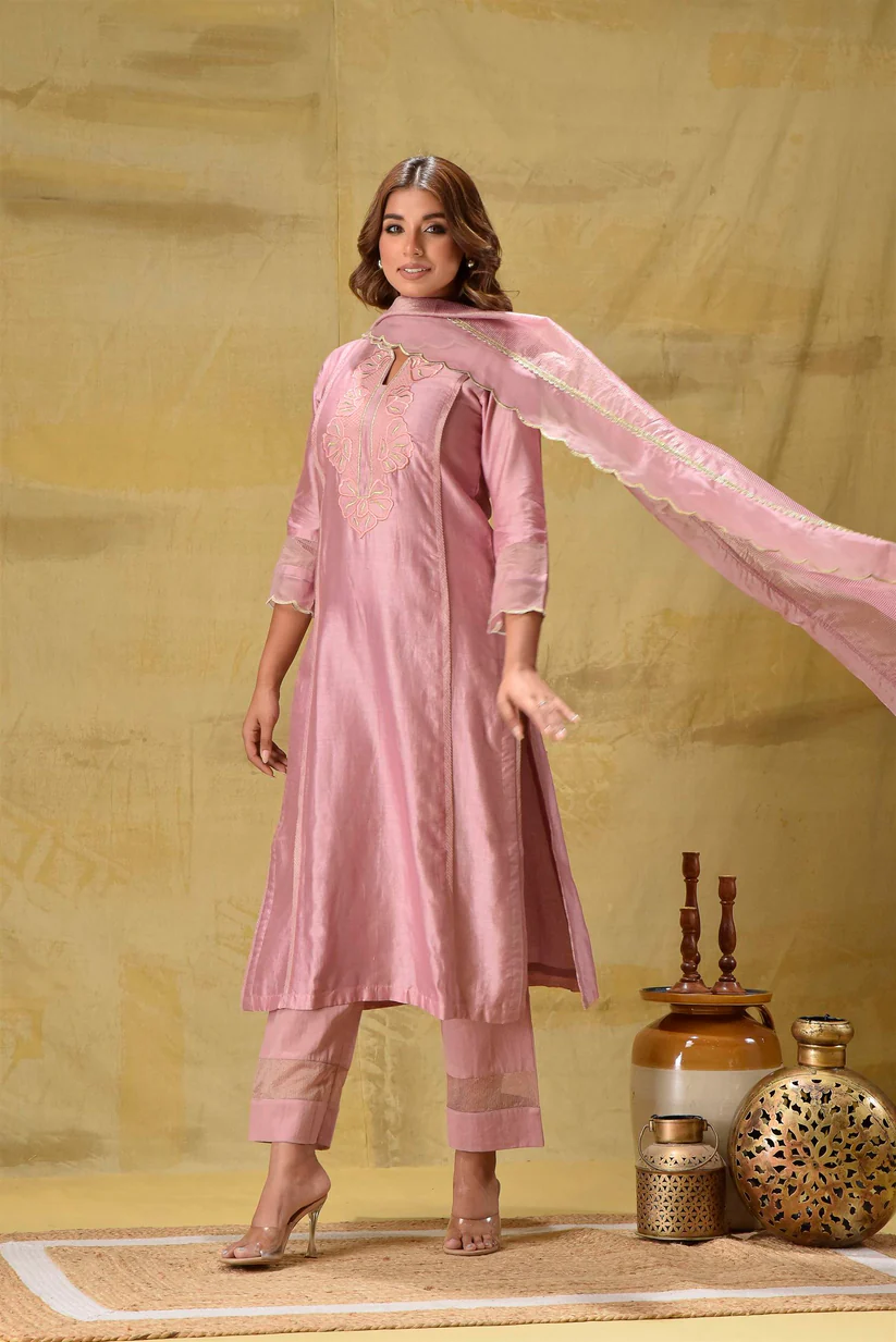 Gulabik Dusty Peach Embroidered Suit Set with Striped Dupatta