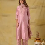 Gulabik Dusty Peach Embroidered Suit Set with Striped Dupatta