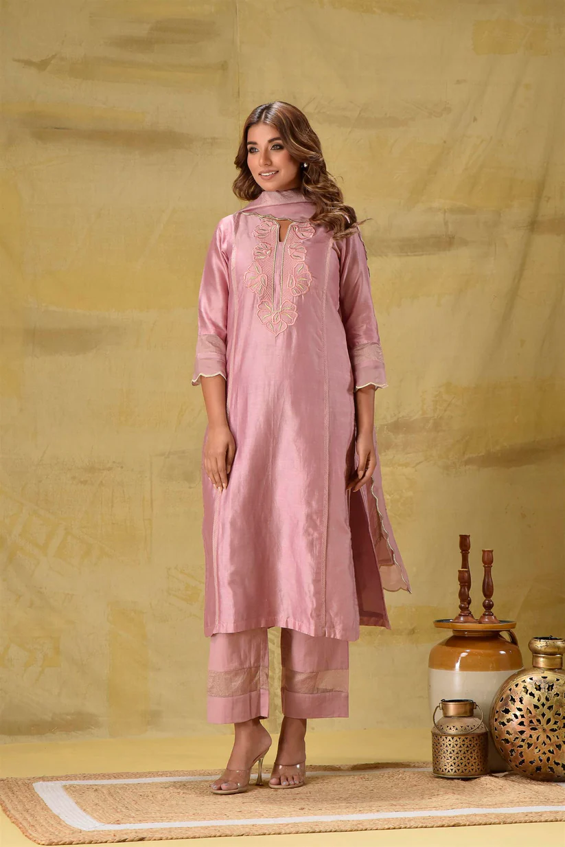 Gulabik Dusty Peach Embroidered Suit Set with Striped Dupatta