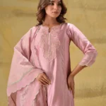 Gulabik Dusty Peach Embroidered Suit Set with Striped Dupatta