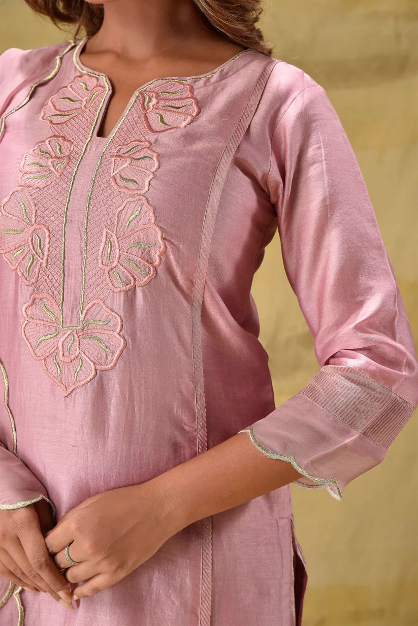 Gulabik Dusty Peach Embroidered Suit Set with Striped Dupatta