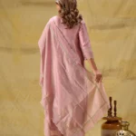 Gulabik Dusty Peach Embroidered Suit Set with Striped Dupatta