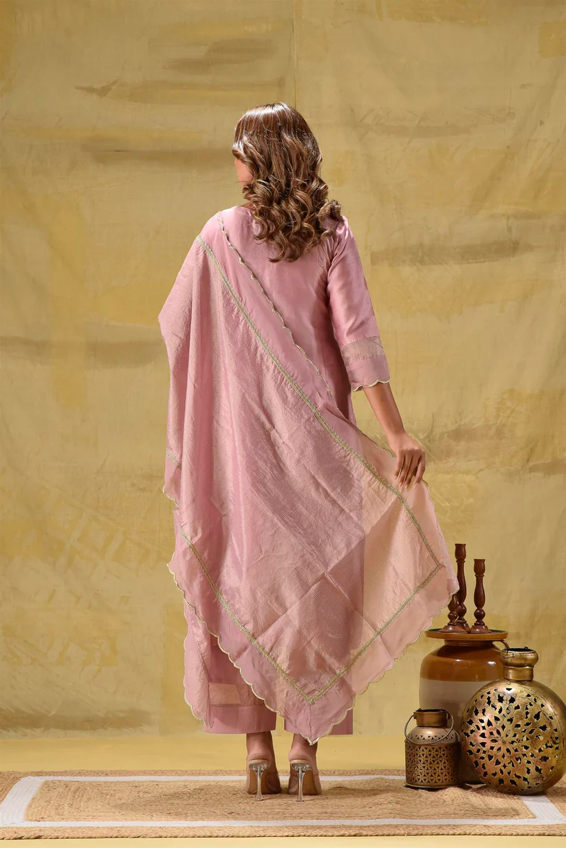 Gulabik Dusty Peach Embroidered Suit Set with Striped Dupatta