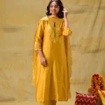 Gulabik Deep Gold Embroidered Suit Set with Striped Dupatta