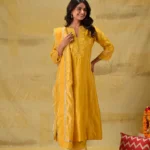 Gulabik Deep Gold Embroidered Suit Set with Striped Dupatta