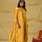 Gulabik Deep Gold Embroidered Suit Set with Striped Dupatta