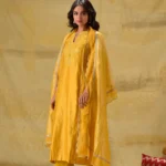 Gulabik Deep Gold Embroidered Suit Set with Striped Dupatta