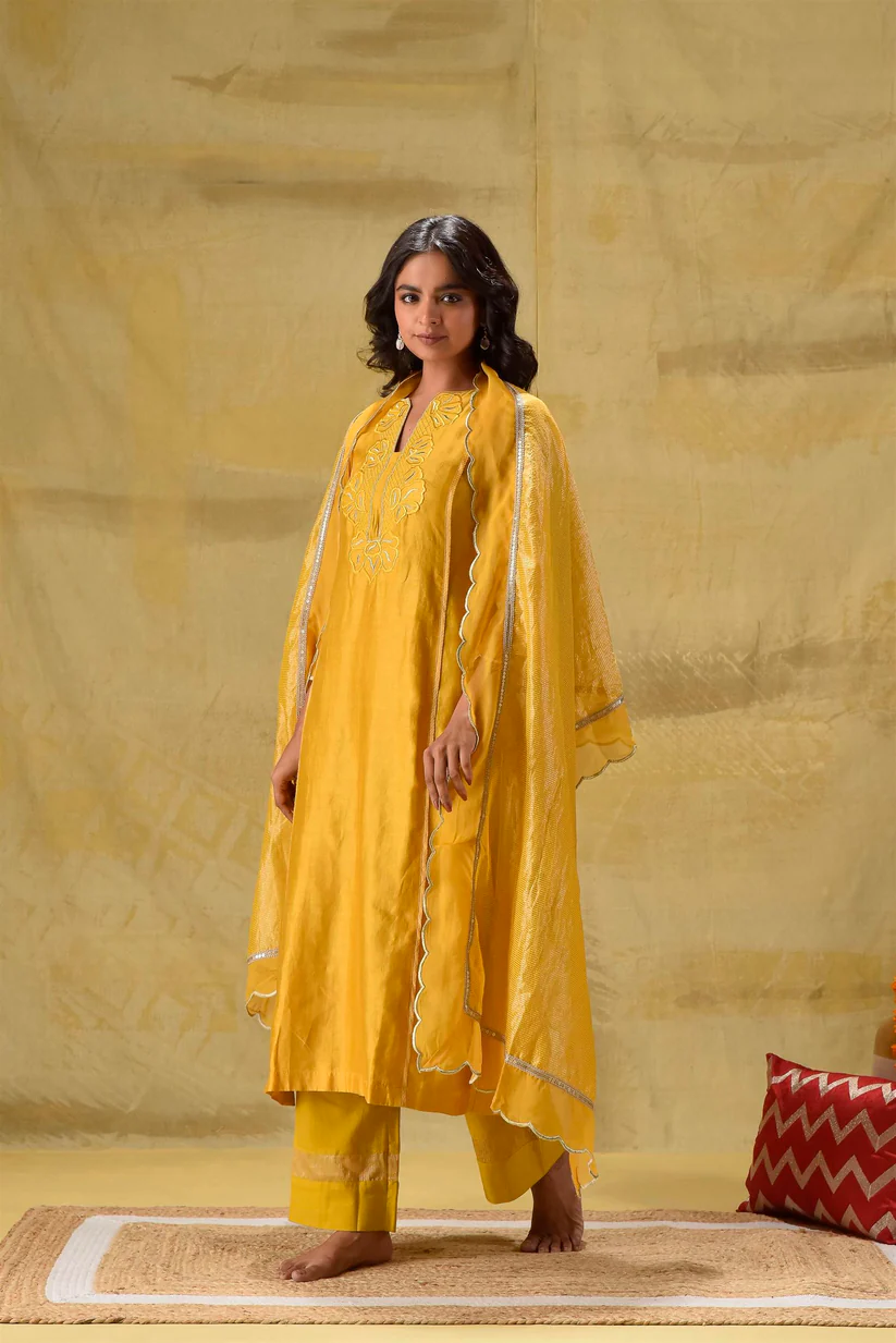 Gulabik Deep Gold Embroidered Suit Set with Striped Dupatta