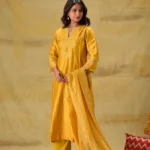 Gulabik Deep Gold Embroidered Suit Set with Striped Dupatta