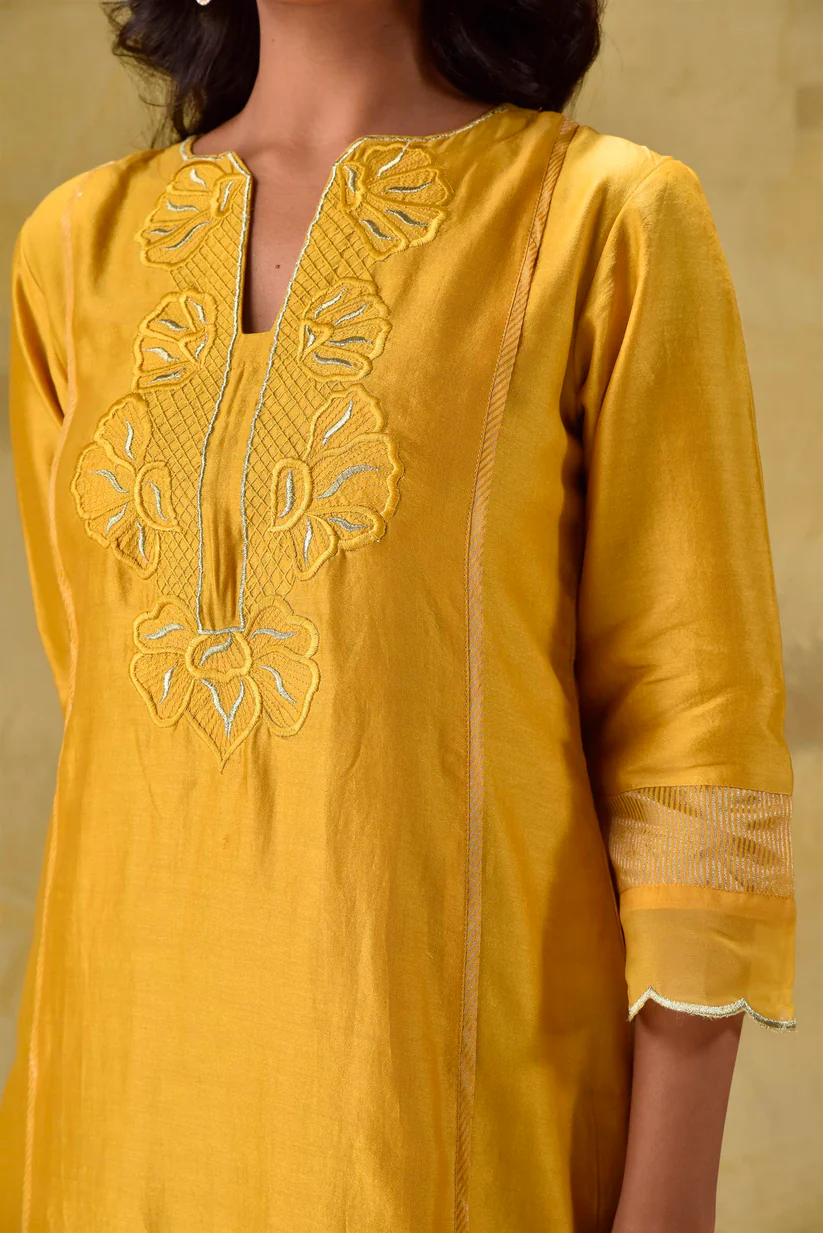 Gulabik Deep Gold Embroidered Suit Set with Striped Dupatta