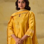 Gulabik Deep Gold Embroidered Suit Set with Striped Dupatta