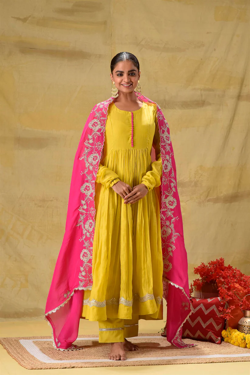 Lime Yellow Anarkali Festive charm elegantly styled