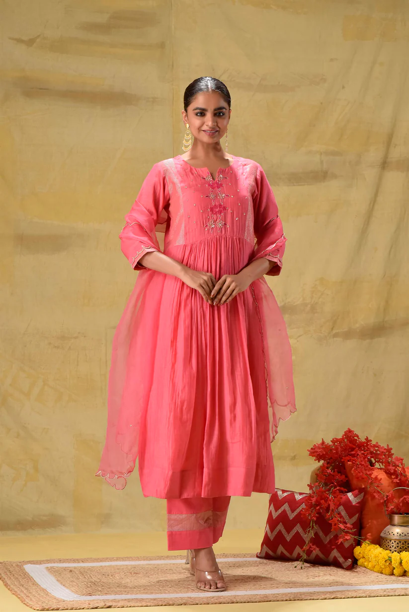 Gulabik Bright Peach Hand Embroidered Suit Set