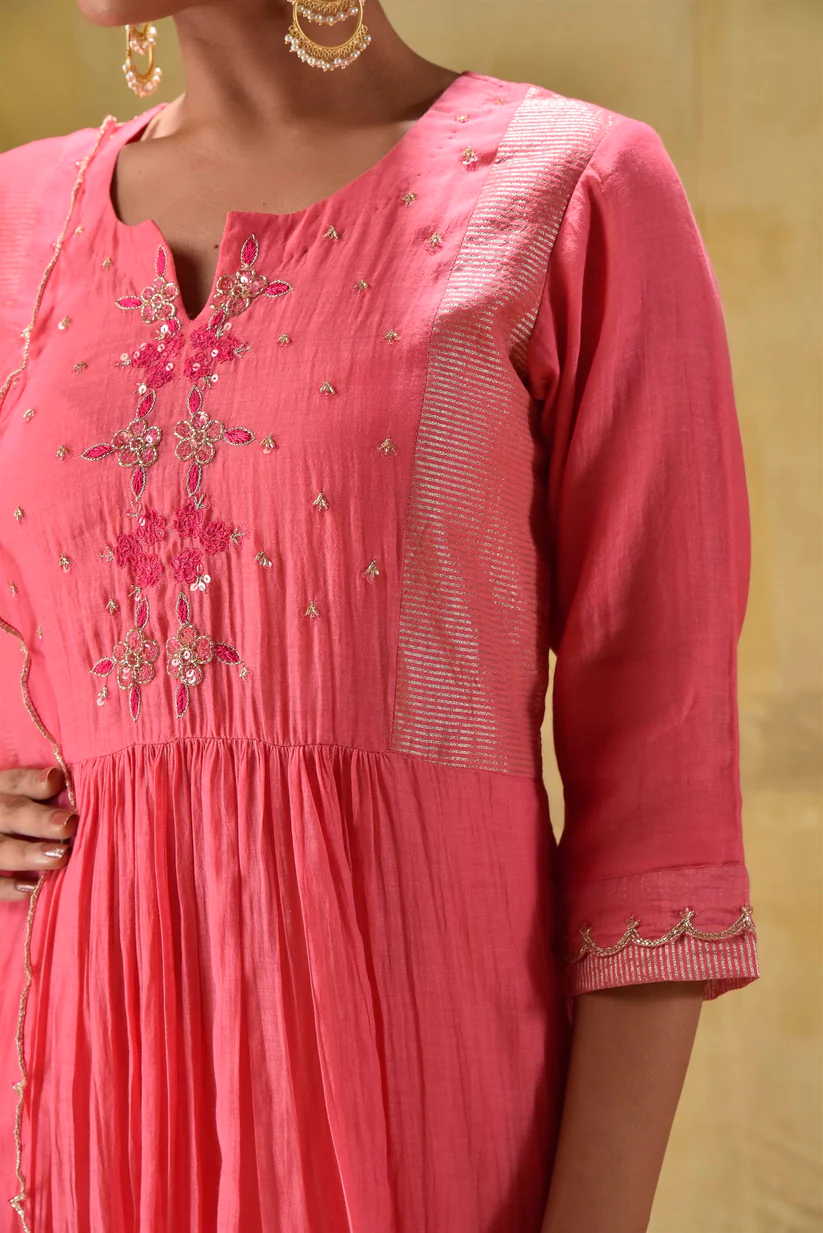 Gulabik Bright Peach Hand Embroidered Suit Set
