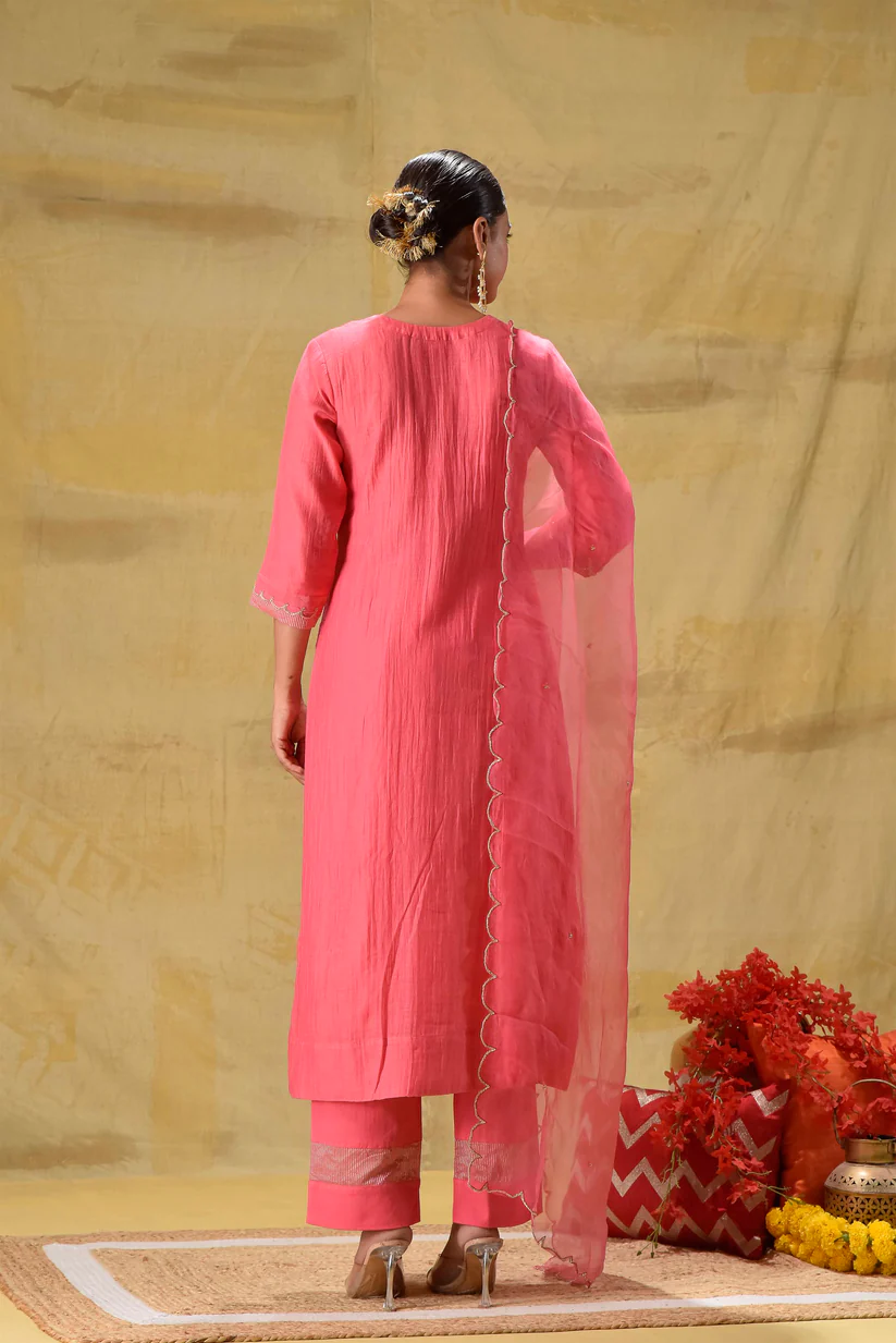 Gulabik Bright Peach Hand Embroidered Suit Set