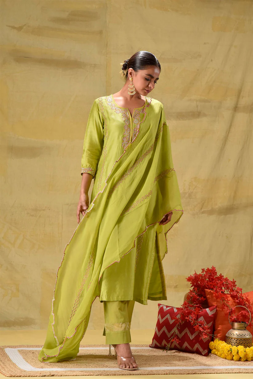 Gulabik Lime Green Badla Embroidered Suit Set