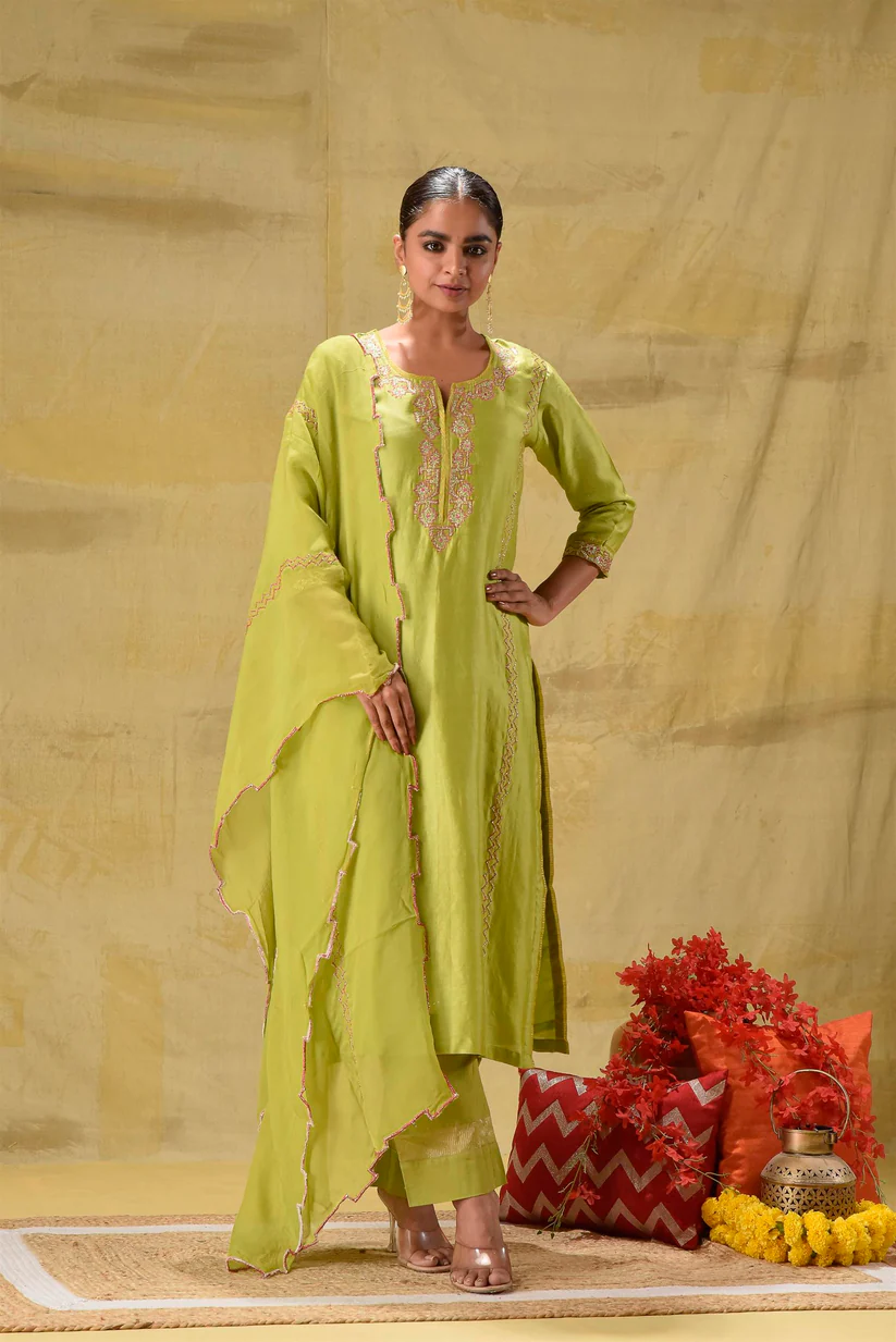 Gulabik Lime Green Badla Embroidered Suit Set