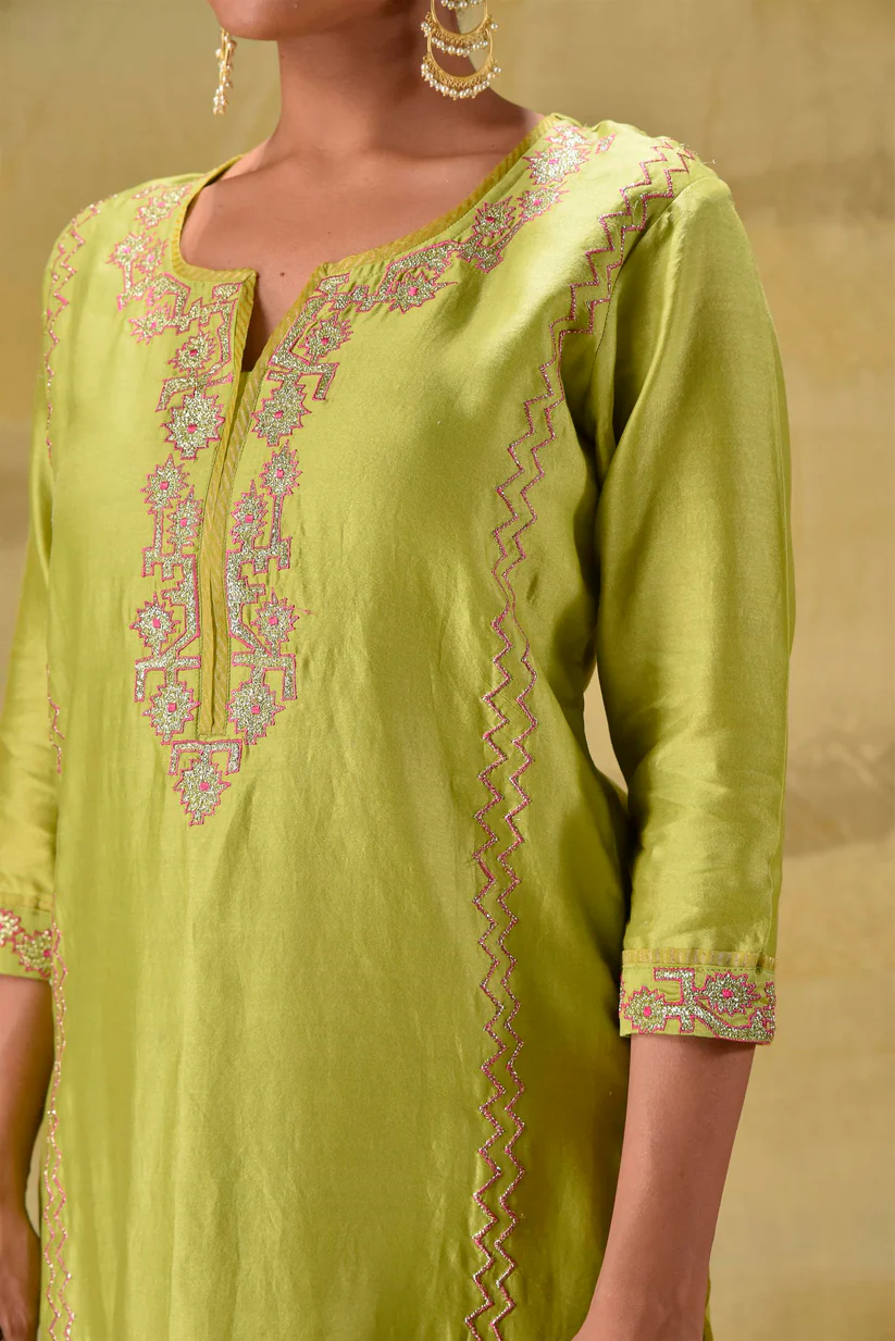 Gulabik Lime Green Badla Embroidered Suit Set