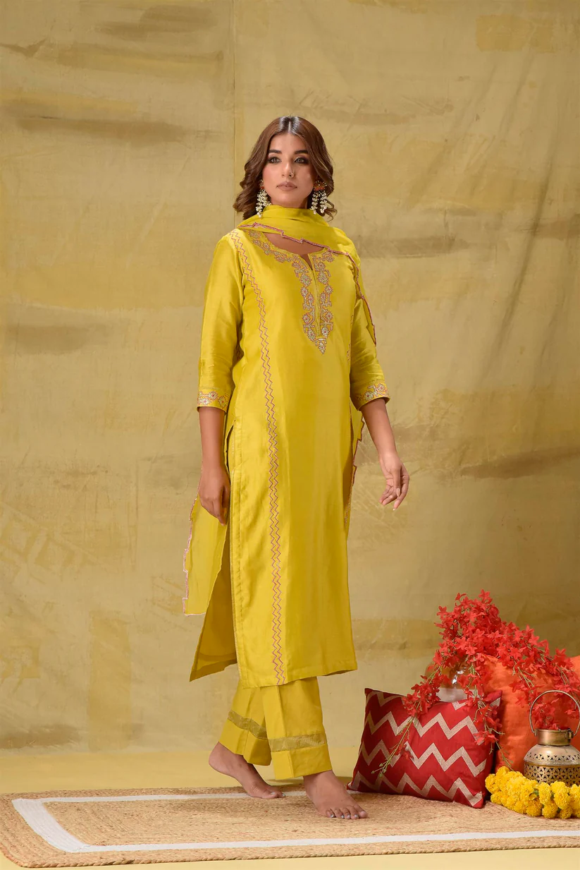 Gulabik Lime Yellow Badla Embroidered Suit Set