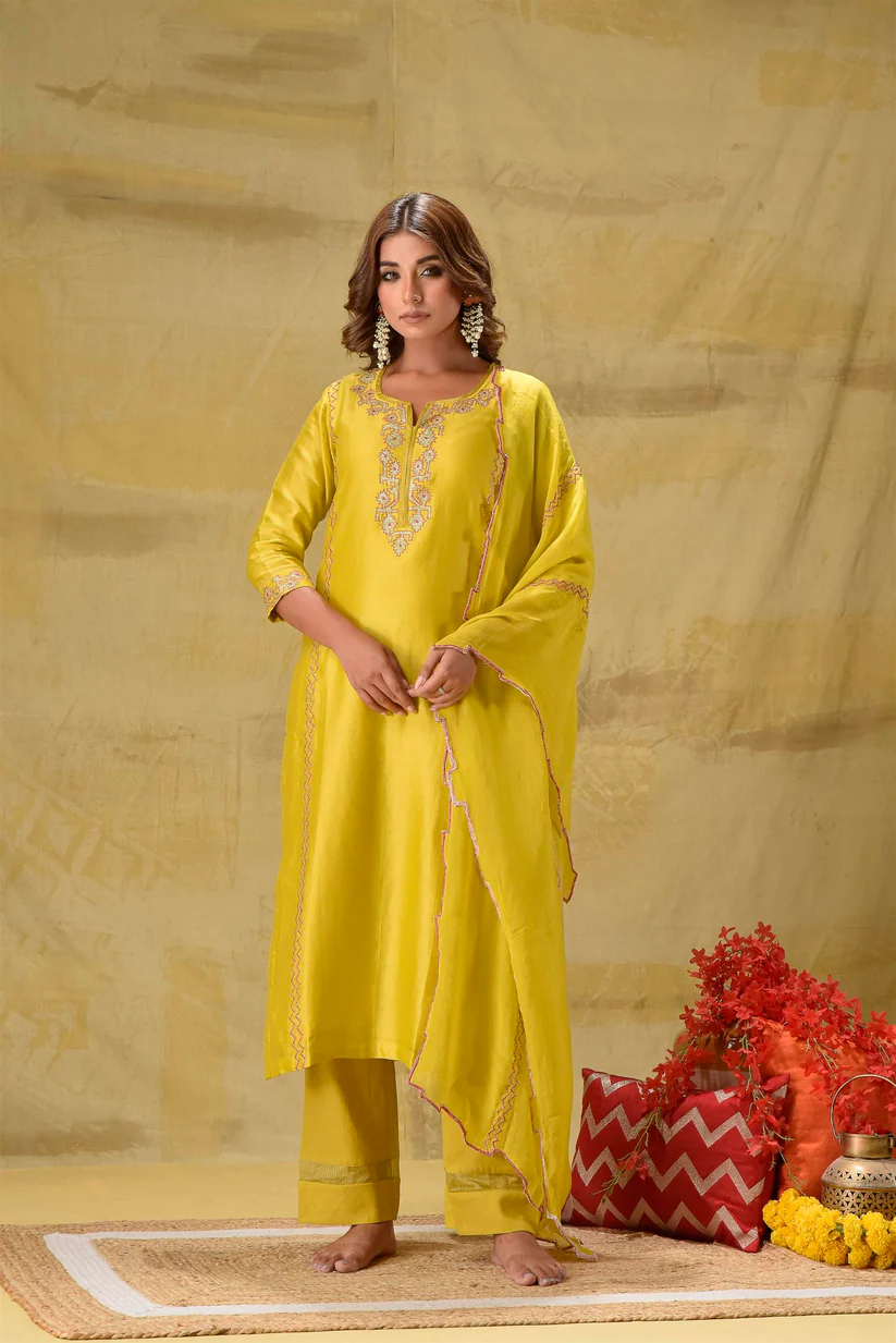 Gulabik Lime Yellow Badla Embroidered Suit Set