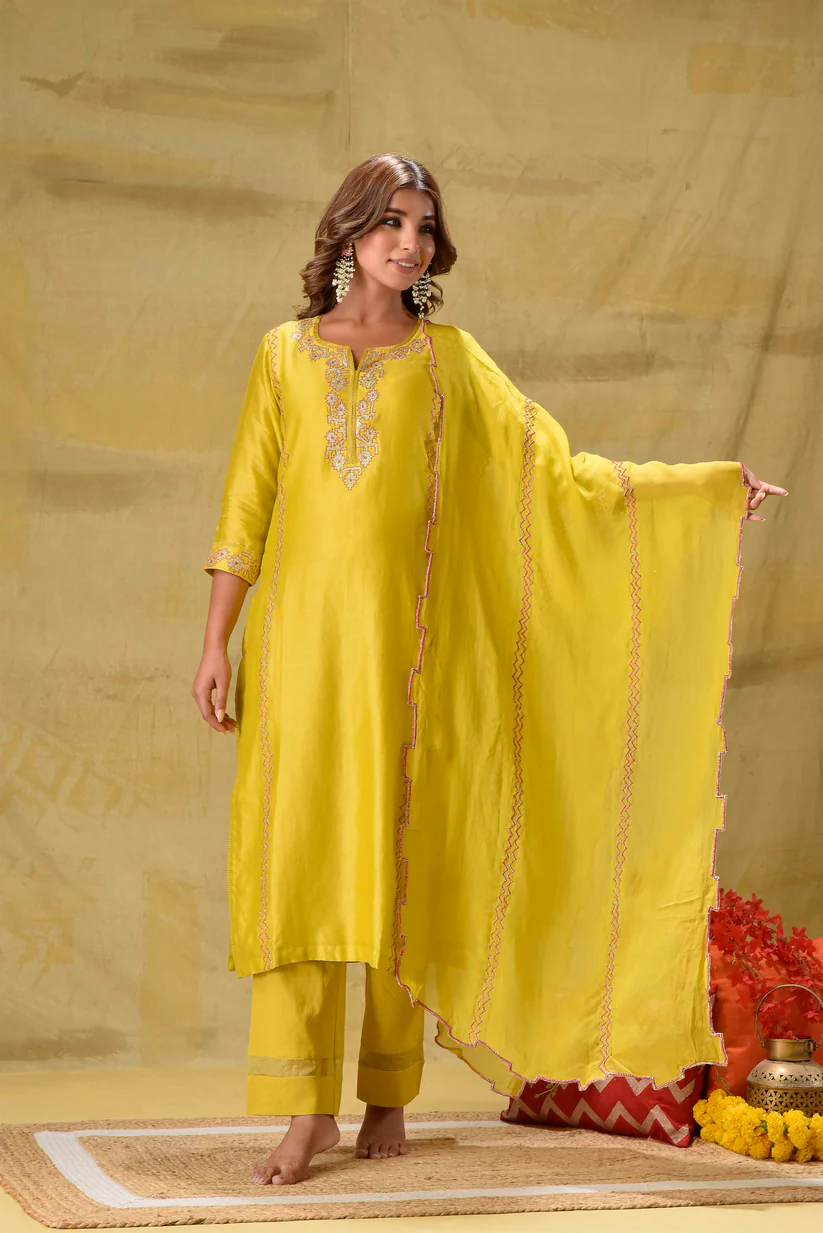 Gulabik Lime Yellow Badla Embroidered Suit Set