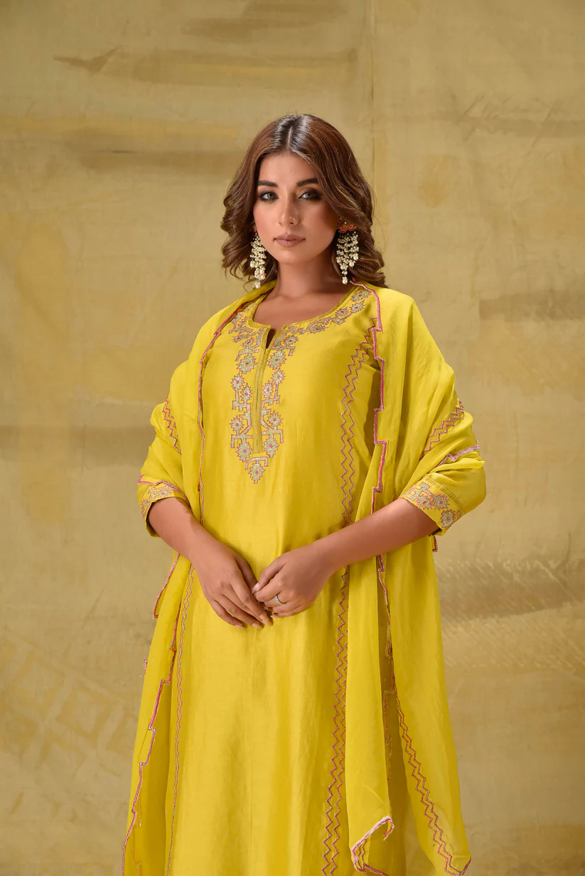 Gulabik Lime Yellow Badla Embroidered Suit Set