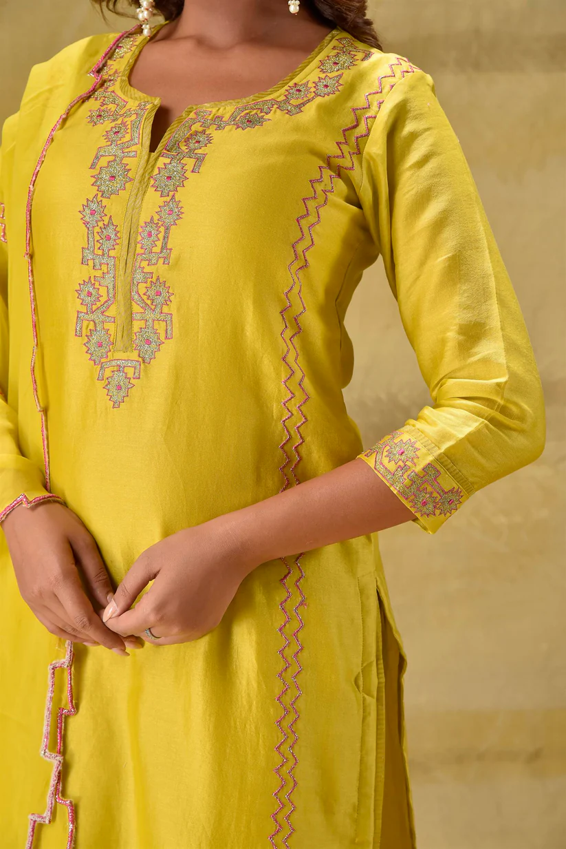 Gulabik Lime Yellow Badla Embroidered Suit Set