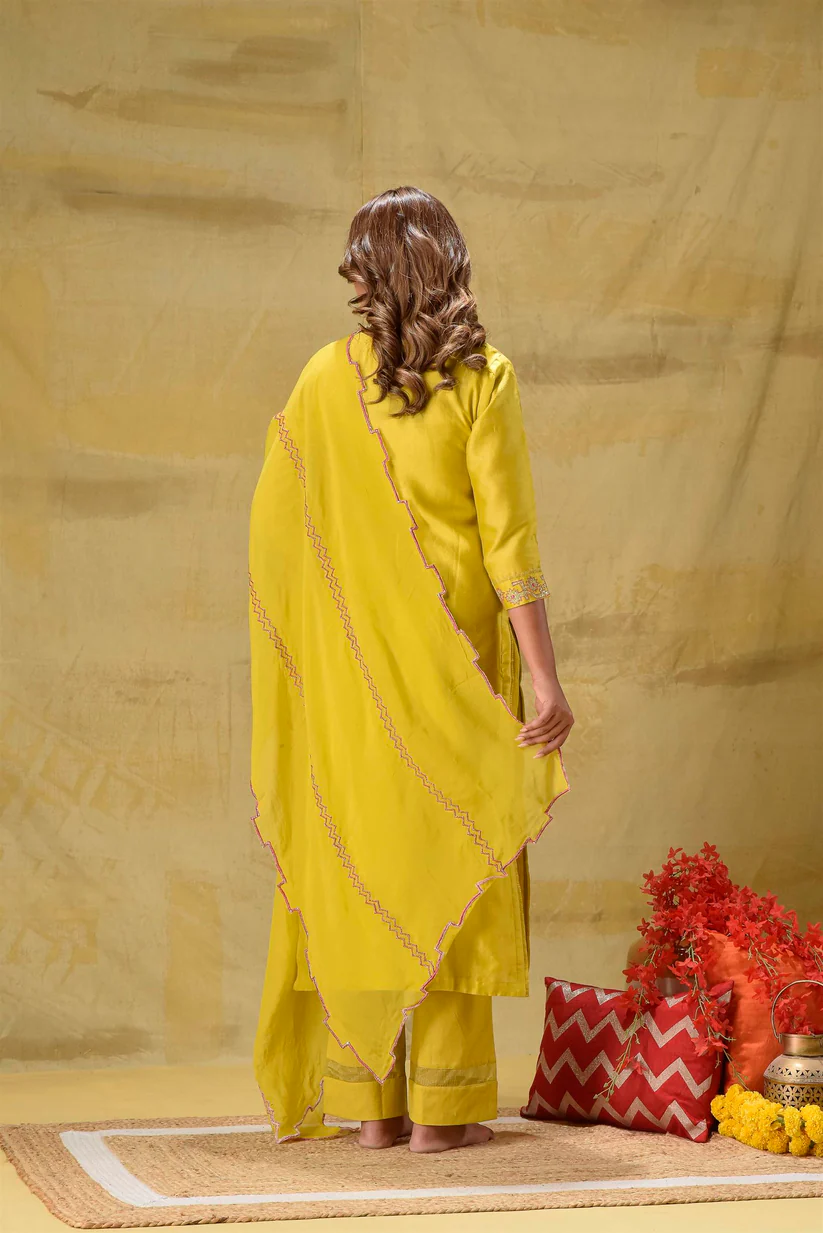 Gulabik Lime Yellow Badla Embroidered Suit Set