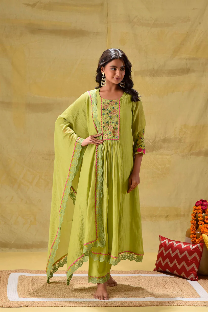 Gulabik Lime Green Multicoloured Embroidery Suit Set