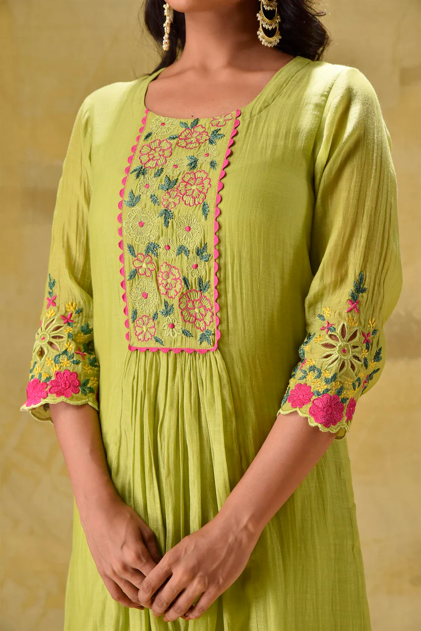 Gulabik Lime Green Multicoloured Embroidery Suit Set