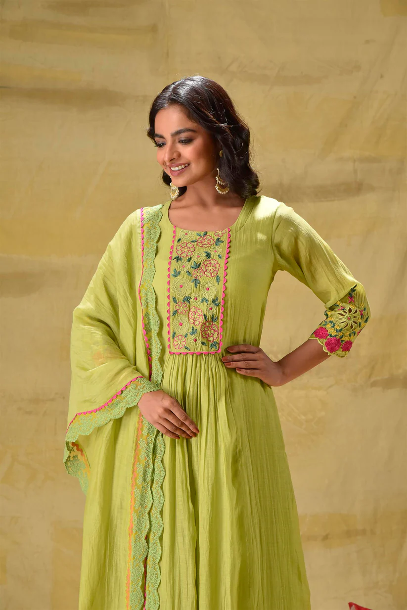 Gulabik Lime Green Multicoloured Embroidery Suit Set