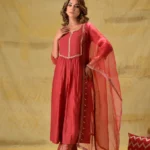 Gulabik Deep Red Suit with Tissue Zari Pants