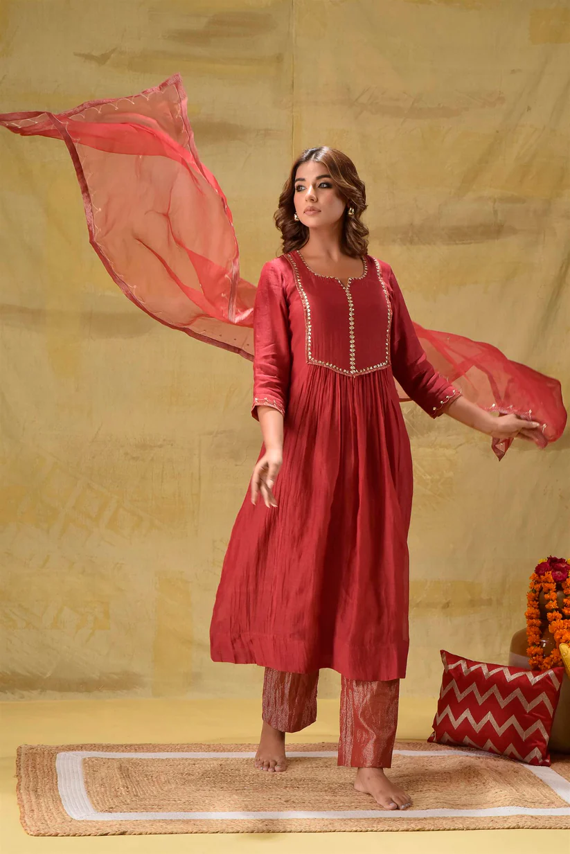 Gulabik Deep Red Suit with Tissue Zari Pants
