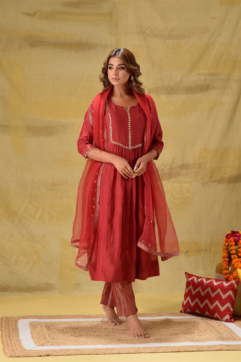 Gulabik Deep Red Suit with Tissue Zari Pants