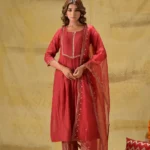Gulabik Deep Red Suit with Tissue Zari Pants