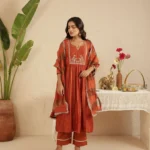 Gulabik Rust Hand Embroidered Suit with Tissue Striped Dupatta
