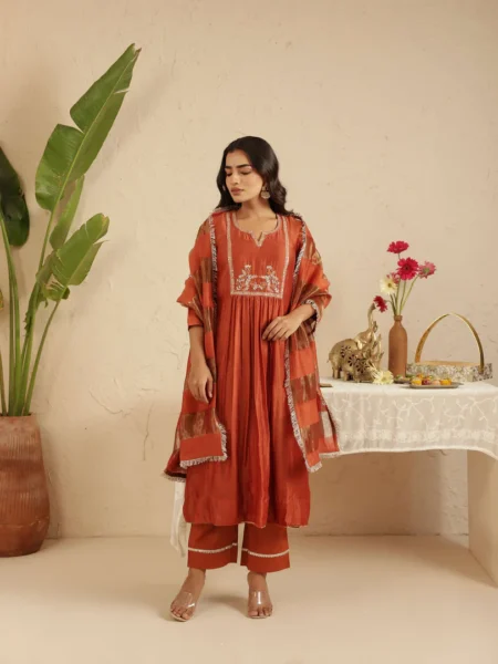 Gulabik Rust Hand Embroidered Suit with Tissue Striped Dupatta