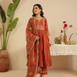 Gulabik Rust Hand Embroidered Suit with Tissue Striped Dupatta