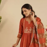 Gulabik Rust Hand Embroidered Suit with Tissue Striped Dupatta